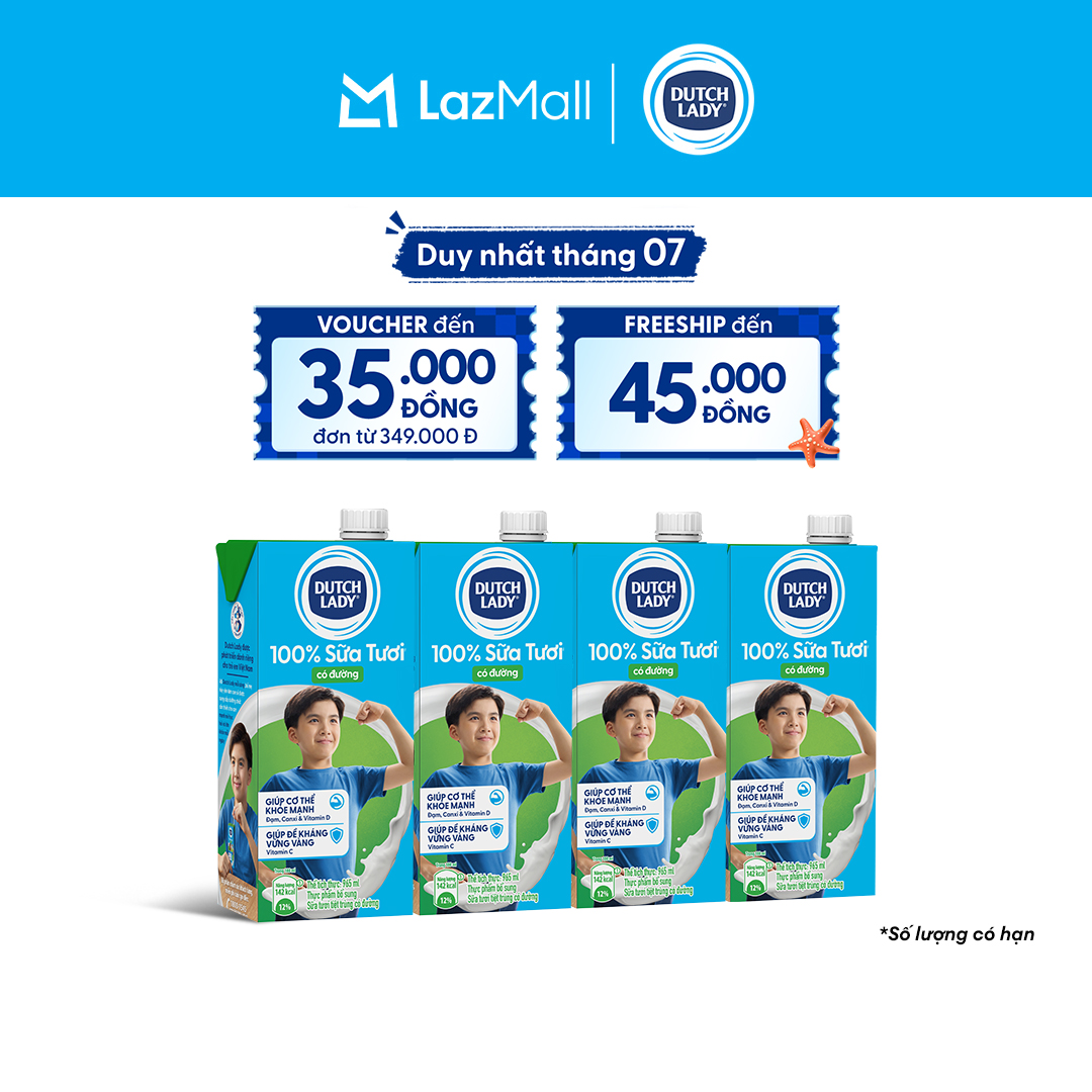 Combo 4 Hộp Sữa Tươi Tiệt Trùng Dutch Lady Cô Gái Hà Lan Có Đường 965ml
