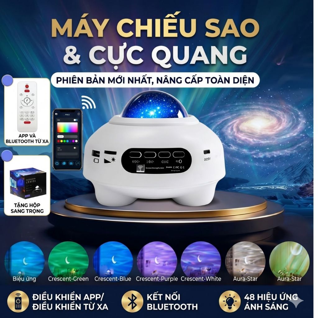 Đèn Chiếu Bầu Trời Trăng Sao UFO Cao Cấp Có Loa Bluetooth, Đèn Chiếu Trần, Máy Chiếu Đèn Ngủ 48 Hiệu Ứng Ánh Sáng