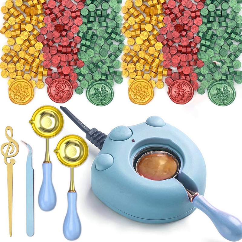 【JIN】-Electric Wax Seal Warmer Kit Wax Seal Melter Seal Warmer with 300 Pcs Gold Red Green Wax Seal Beads,