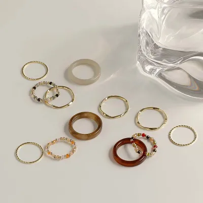Simple Trendy Korean 4 Pcs/set Metal Colorful Acrylic Rings Resin Rings Beads Ring Fashion Jewelry