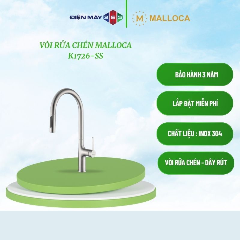[Malloca] Vòi rửa chén K1726-SS – inox 304 cao cấp 2 đường nước nóng lạnh dây rút linh hoạt - STM