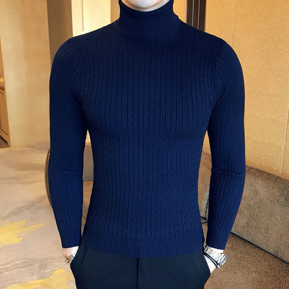 Casual Men Winter Solid Color Turtle Neck Long Sleeve Twist Knitted Slim Sweater Men's Knitted Sweaters Pullover Men999_voghion.com