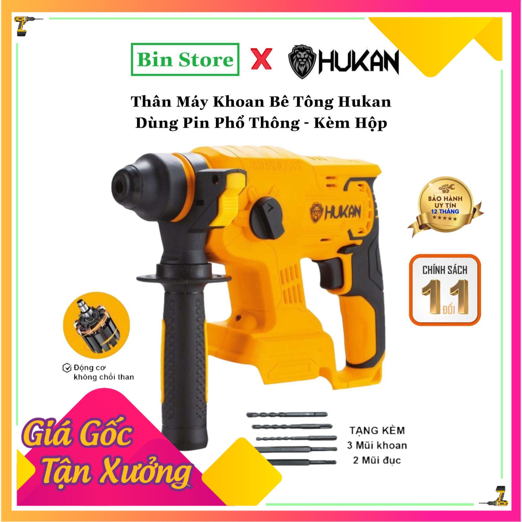 Máy Khoan Bê Tông Dùng Pin Hukan HM21-RH2503B Động Cơ Không Thổi Than - 3 Chức Năng - Tặng Kèm 5 Mũi Khoan Và Đục - Kèm Hộp