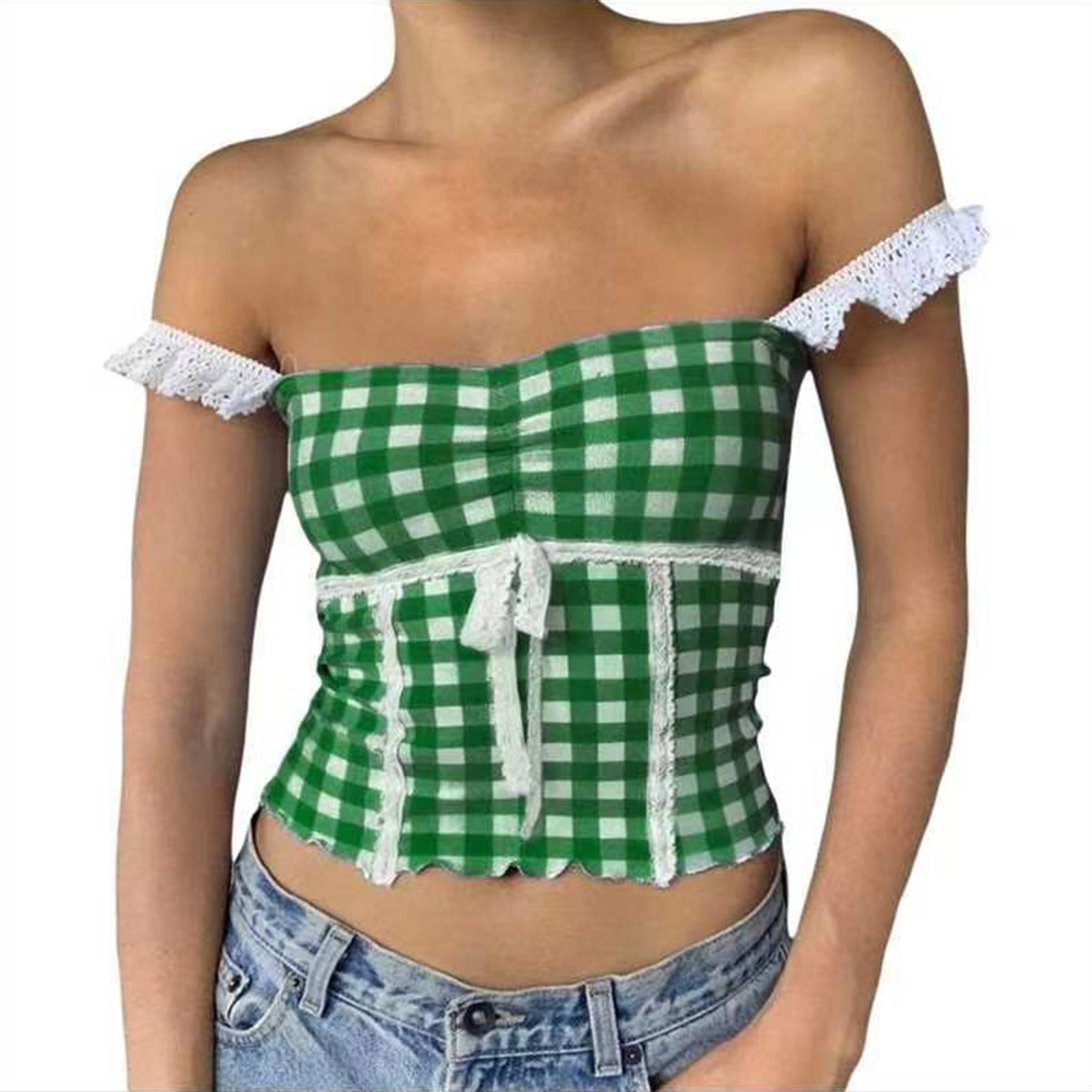 Mã dí dỏm kẻ sọc áo ba lỗ ôm vừa áo ba lỗ sexy in kẻ sọc vuông áo ba lỗ với ren chi tiết không tay á