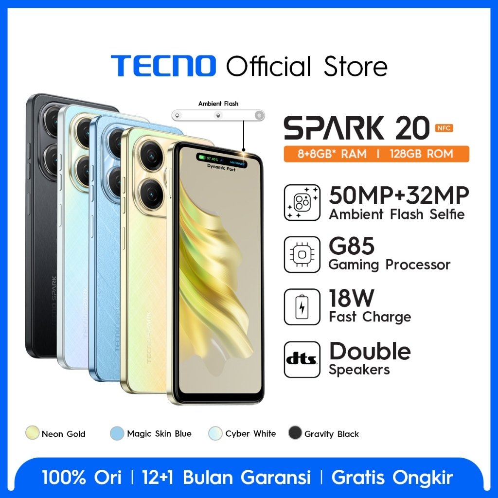 TECNO SPARK 20 NFC – 8GB+128, Stereo Dual Speaker, Dynamic Port 6,6” HD+ 90Hz Screen, MTK Helio G85, 50MP Wide Ultra CAM, 32MP Selfie with 3 Light Modes, 5000mAh+18W Fast Charging, Android 13, Garansi 12+1 Bulan Harga  1,358,000 Ringgit*Penghantaran Percuma