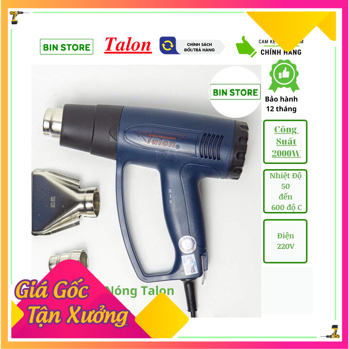Máy khò nhiệt Talon 2000w CHÍNH HÃNG Công Ty, khò hơi nóng cầm tay mini, bọc màng co giỏ quà tết, dán decal ô tô xe máy