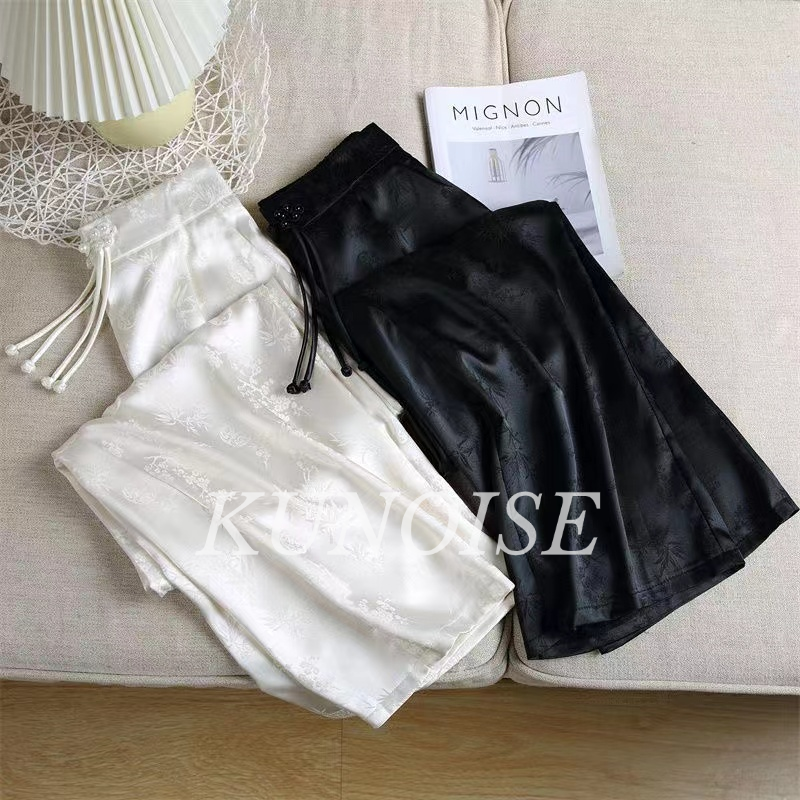 KUNOISE Women's Spring and Summer New High Waist Slimming and Fashionable Casual Mopping Pants New Chinese Style Satin Jacquard Wide-Leg Pants ราคา 140 บาท*ส่งฟรี