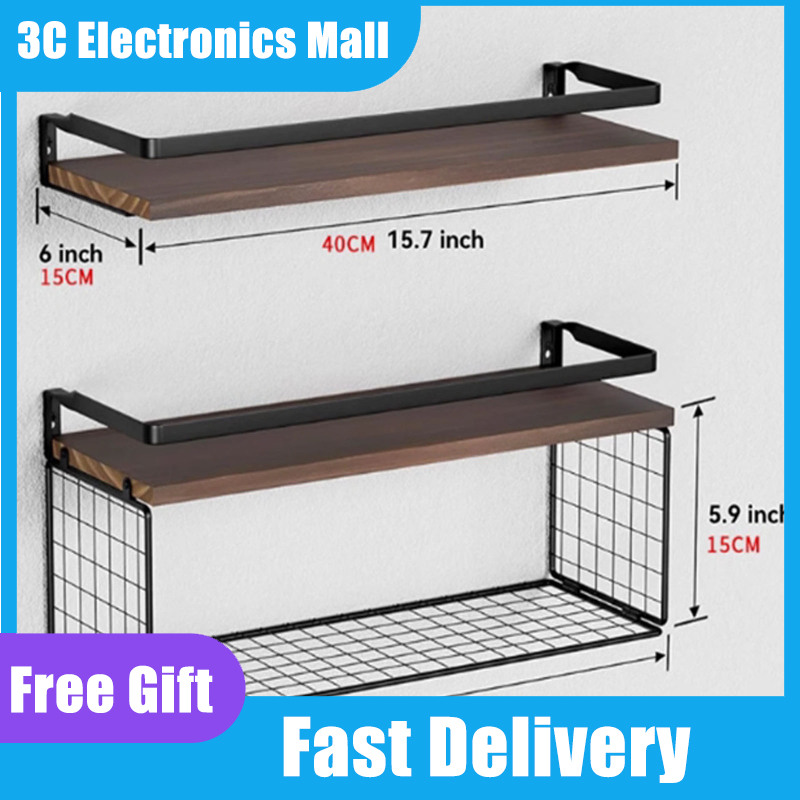 Wall Mounted Shelves With Storage Basket Metal Guardrail Floating Display