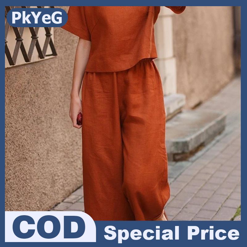 PkYeG Bộ Đồ Hai món bằng vải lanh và cotton ngắn tay mùa hè cho nữ, Bộ Quần Ngắn tay và quần ống rộng, đi làm thanh lịch