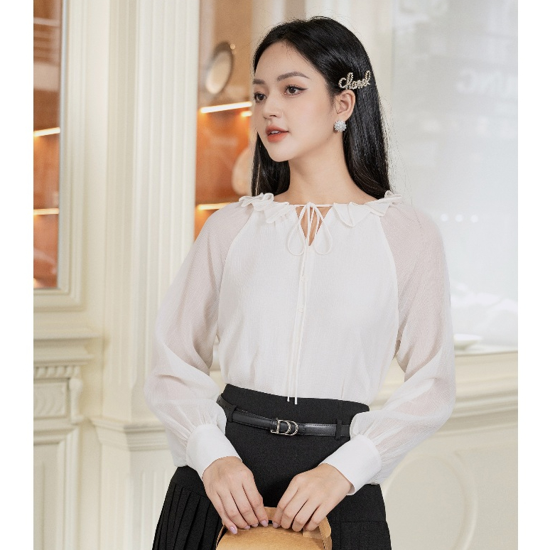 Áo sơ mi thiết kế JM Dress Design cổ V phối bèo tay raclang 2S27.2309WF