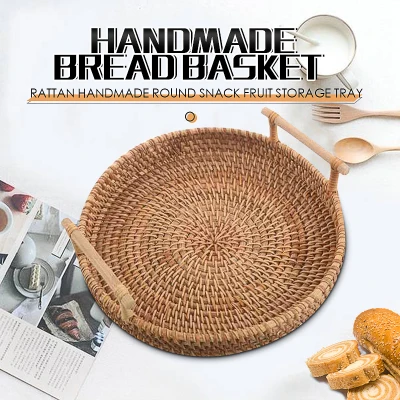 Rattan Bread Basket Round Woven Tea Tray With Handles For Serving Dinner Parties Coffee Breakfast (8.7 Inches)