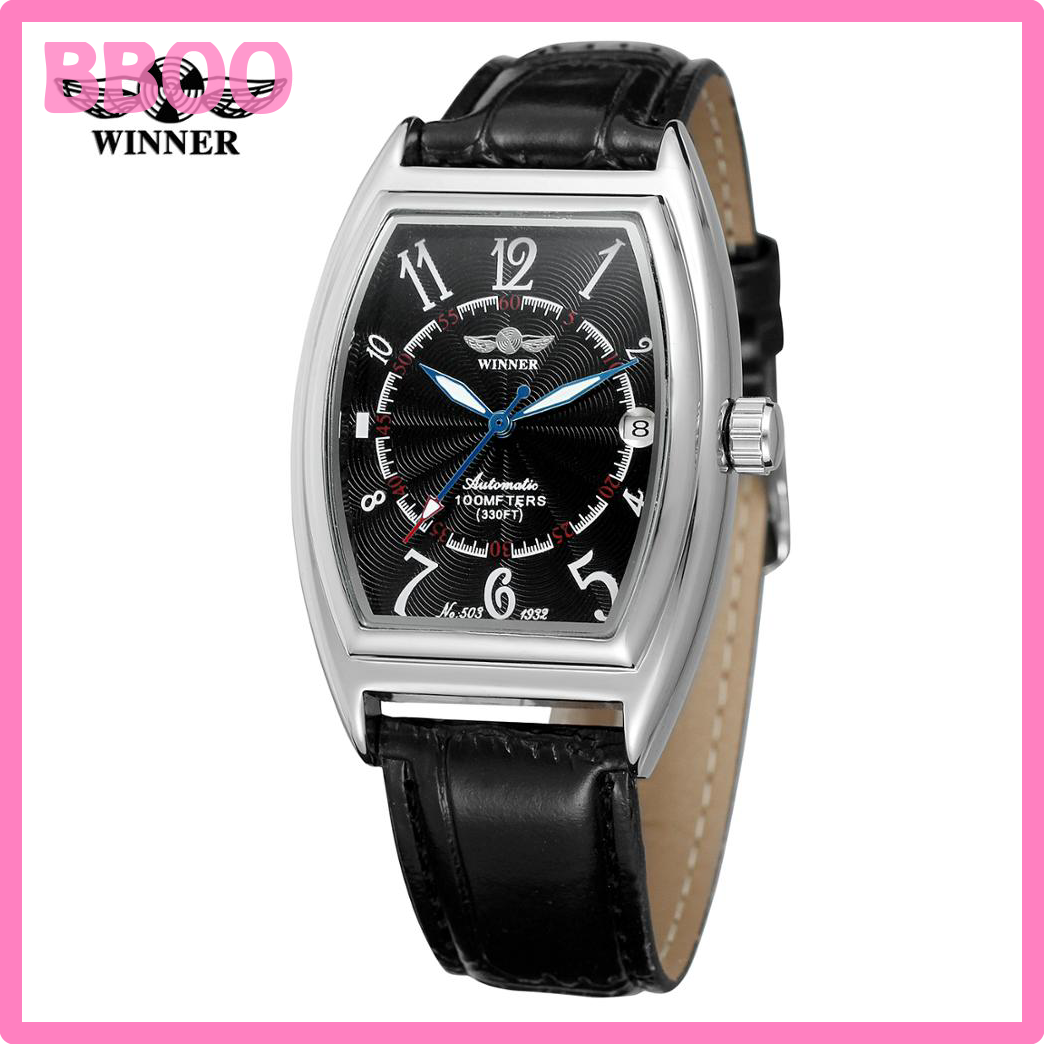 HOT┹┕2023 T-WINNER Fashion simple casual men's watch rectangular black dial silver case black leather strap automatic mechanical watch