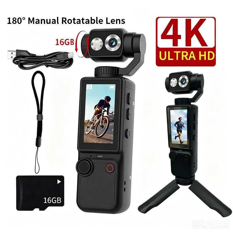 Máy ảnh thể thao cầm tay 4K siêu nét ống kính xoay 180 độ quay vlog du lịch