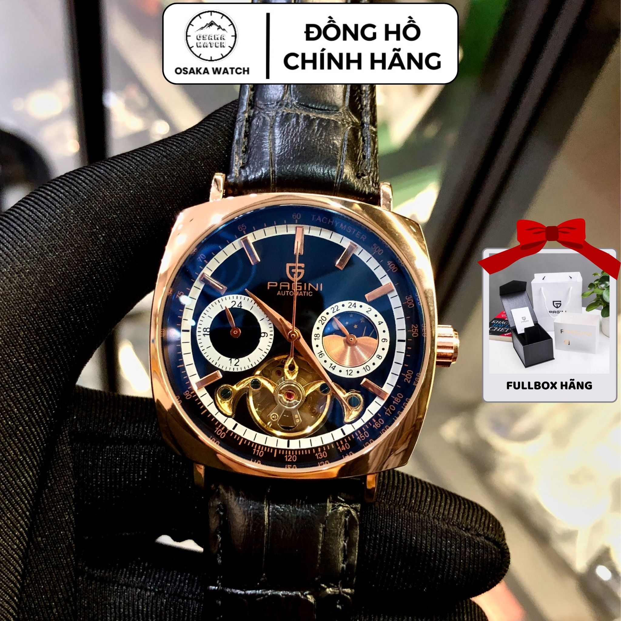 Đồng hồ cơ nam pagini 9986 tourbillon 40mm mặt vuông dây da cao cấp chính hãng fullbox