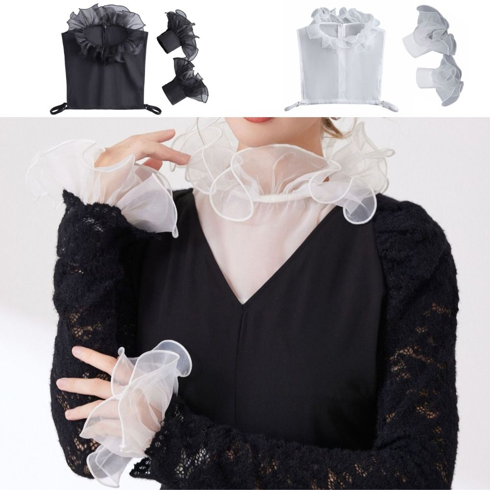 TI9P Viền polyester Cổ áo giả Thiết kế xếp nếp Viền ren Dây đeo cổ Thanh lịch Còng tay đồng bộ Áo sơ mi nửa thân Váy Áo Sơ Mi