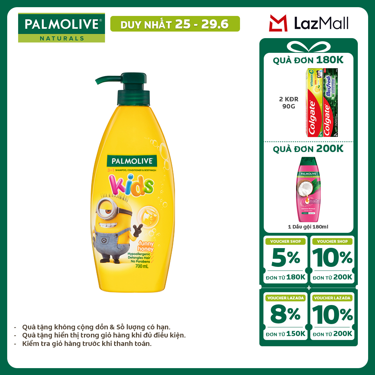 [Chỉ 25-29.6_X2 Voucher giảm đến 20%] Dầu gội 3 trong 1 Palmolive Kids Minion tắm gội xả toàn thân cho bé từ 3 tuổi, hương mật ong, dịu nhẹ, không kích ứng