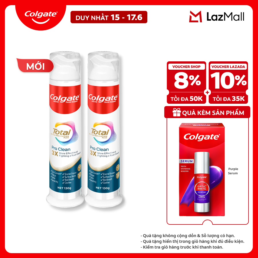 [MỚI] Kem đánh răng Colgate vòi nhấn thông minh Total Pro Clean, khóa chân không hạn chế tiếp xúc vi khuẩn 130g/ ống