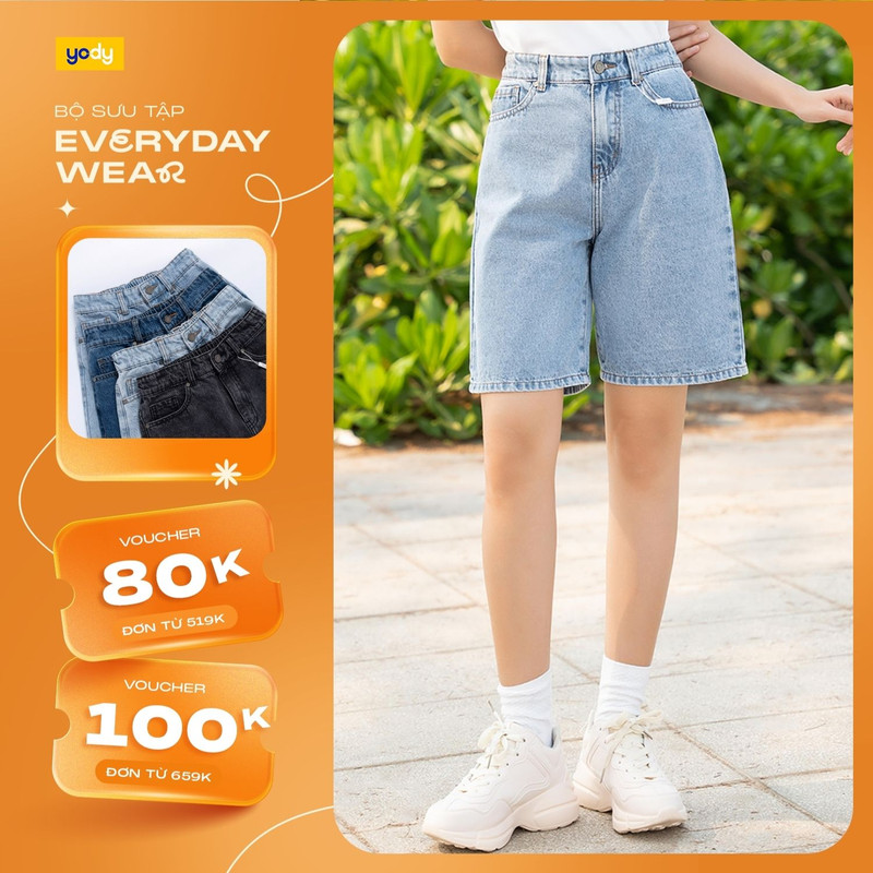 Quần short jean nữ YODY lửng ống rộng lưng cao co giãn SJN3052