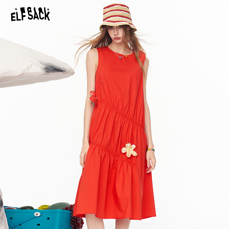 ELFSACK Sleeveless Tiered Dress, 3D Flower Patch Loose A-Line Casual Midi Dress, Cottagecore Summer ราคา 2,109 บาท*ส่งฟรี