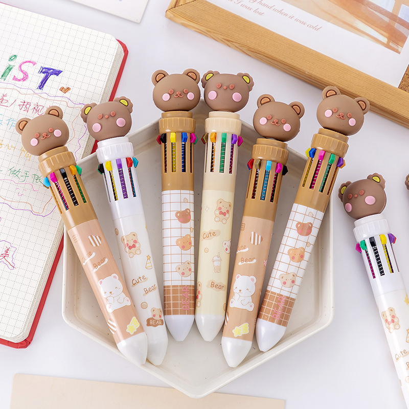Cartoon ten-color ballpoint pen cute press pen creative cute high-value bear student stationery multi-color pen