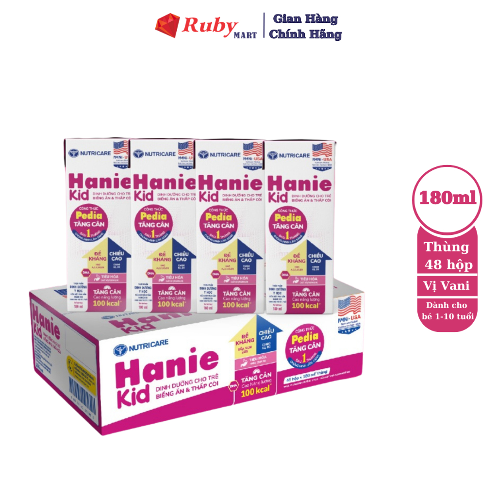 Thùng 48 hộp sữa bột pha sẵn Nutricare Hanie Kid cho trẻ biếng ăn suy dinh dưỡng (180ml)