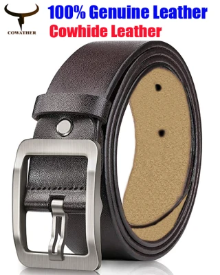 COWATHER Classic Leather Belts for Men, Men Solid Genuine Leather Belt- Casual Dress Belts with Single Metal Prong Buckle for Jeans, Dress, Trousers