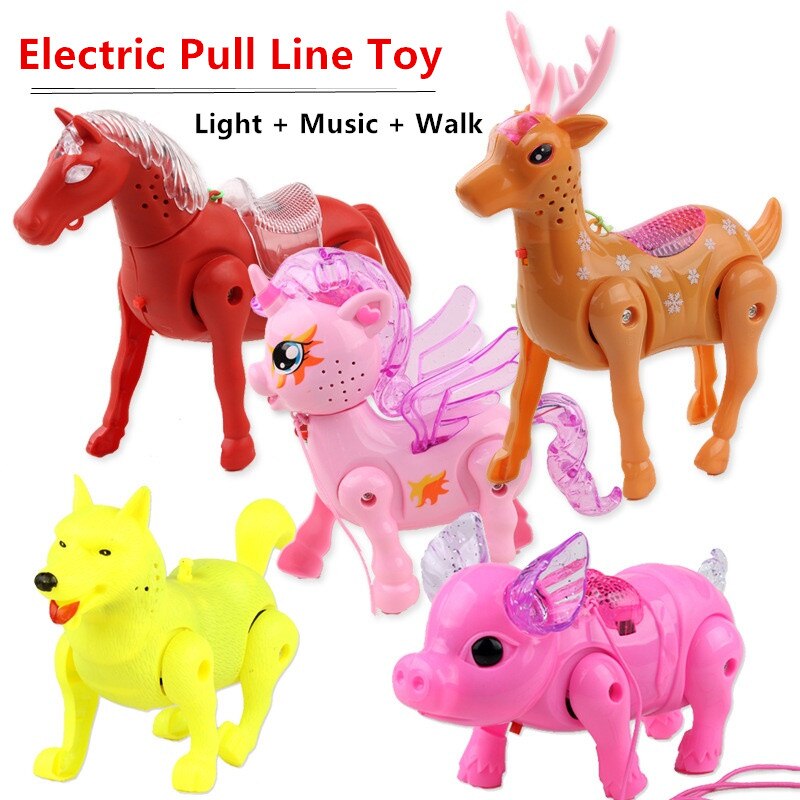 Electric Pull line animal toy Unicorn Horse Deer pig and Dog With light +