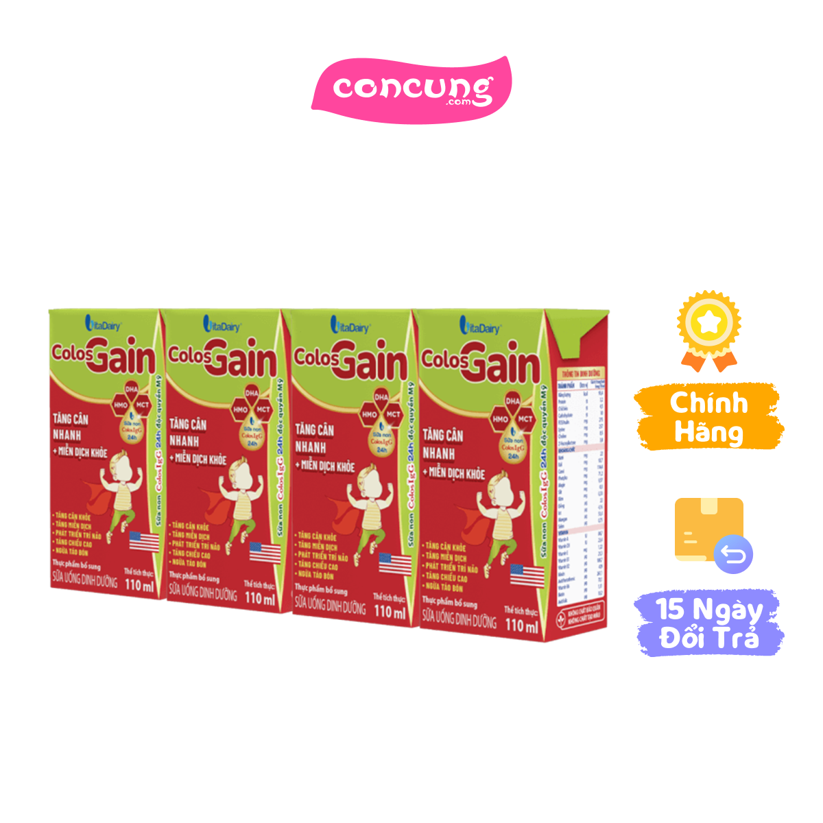 Sữa uống dinh dưỡng Colos Gain 110ml, lốc 4 hộp (trên 1 tuổi)