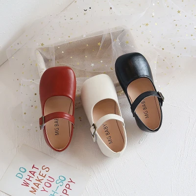 Minimalist Sweet Girls Solid Color Square-toed Soft Leather Shoes 2-6 Years Old Kids Velcro Flat Shoes T20N07LS-12
