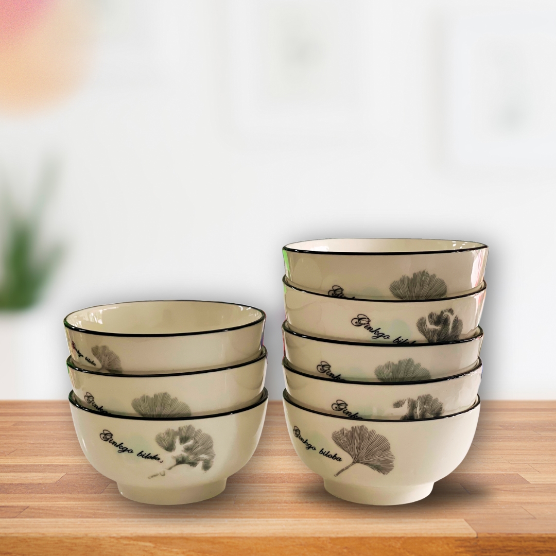 Combo 10 chén ăn cơm sứ họa tiết lá dày dặn, cao cấp, sang trọng size 4.5inch
