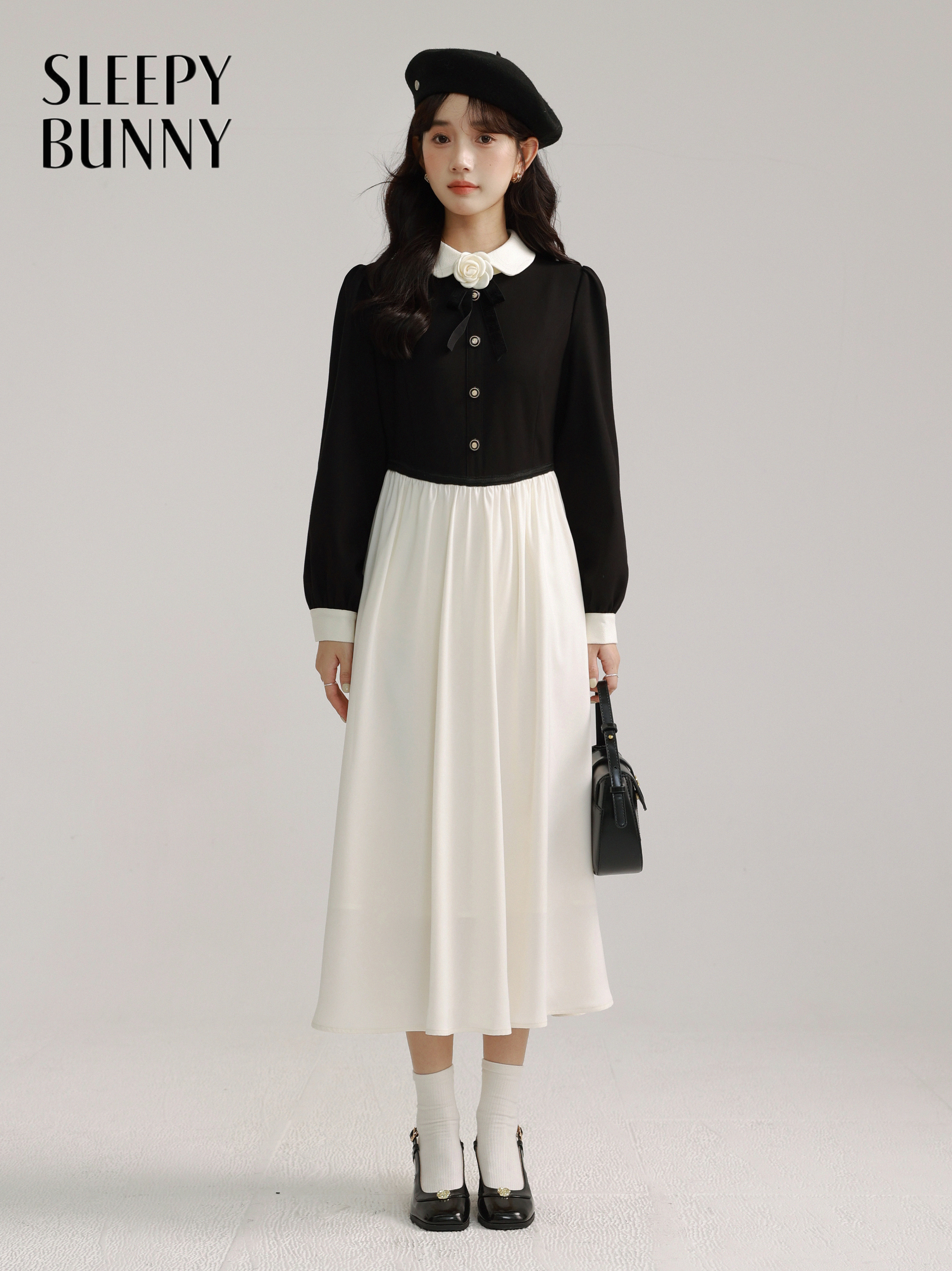 SLEEPY BUNNY Women Autumn Winter Elegant Camellia Contrast Two-Piece Dress Long Dress with Vintage Chic Style High-End Fashion Dress ราคา 2,090 บาท*ส่งฟรี