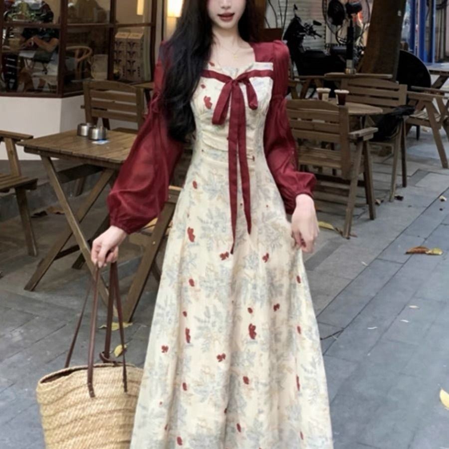 M-4XL kích thước lớn Phụ Nữ Ăn Mặc Retro Phong cách Trung Quốc Mới Của Phụ Nữ Ăn Mặc 2024 Mùa Xuân hoa mới Pháp Cổ Vuông Voan Tay áo dài Bụng Bao Che Giảm Béo Của Phụ Nữ Hoa Đầm dài