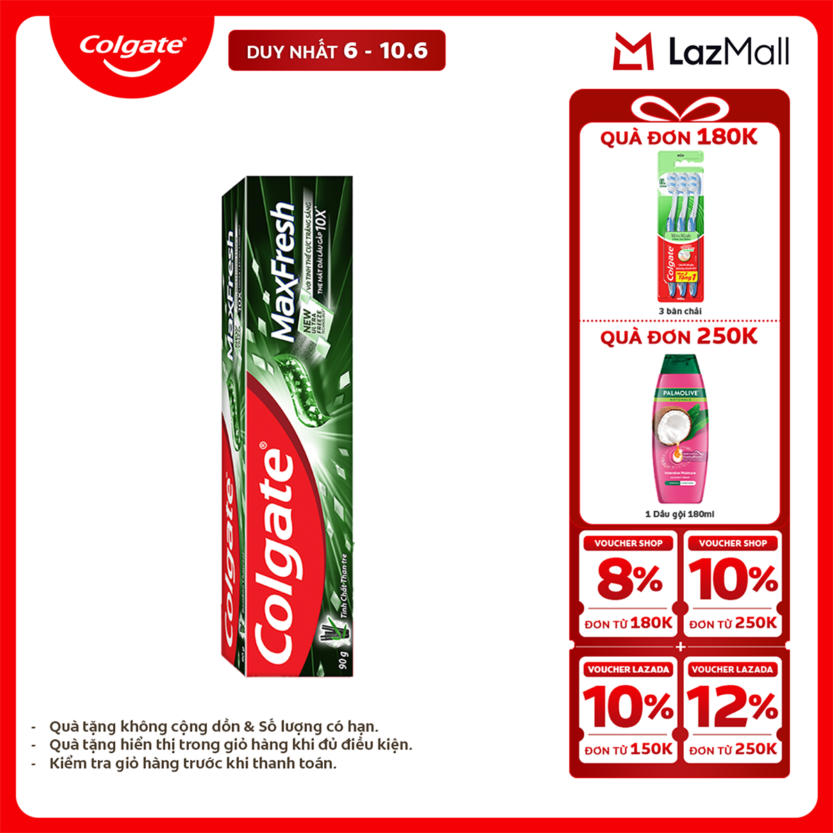 [Chỉ 6-10.6_X2 Voucher giảm 22%] Kem đánh răng Colgate Maxfresh Bamboo Charcoal the mát dài lâu với tinh chất than tre làm trắng răng 90g