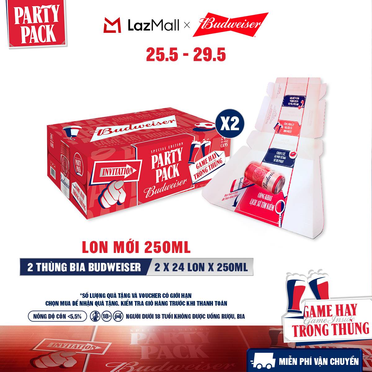 Combo 2 Thùng 24 Lon Bia Budweiser PartyPack Chính Hãng (250ml/lon)