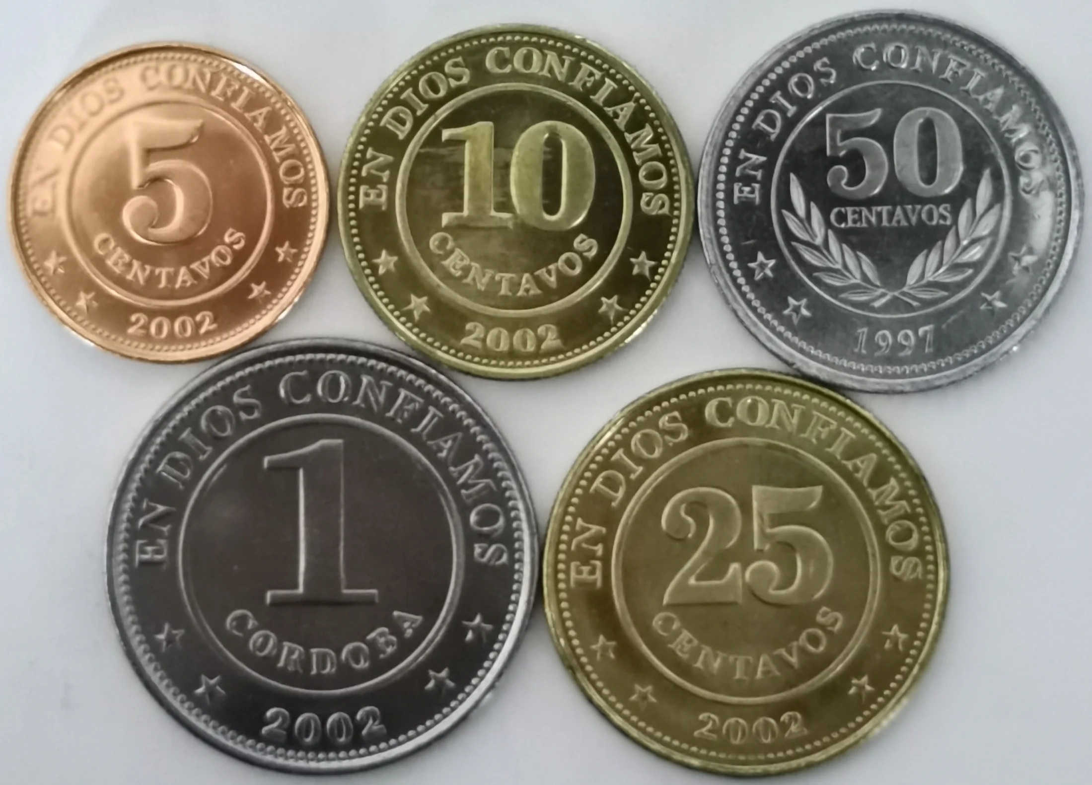 【No-profit】 1997-2002 5-10-25-50 -1 Cordoba 5pieces/full Set Real Coins Collection