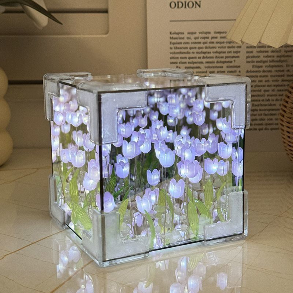 DIY Tulip Mirror Cube Lamp Simulation Flower LED Night Light Bedroom Ornaments Creative Table Lamps Birthday Gifts