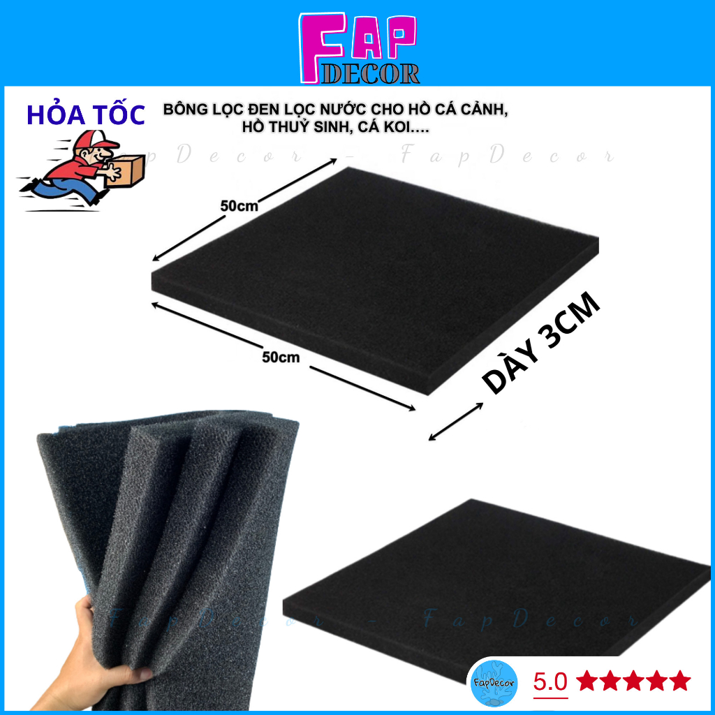Bông lọc mút đen khổ lớn lọc hồ cá 50x50cm, vật liệu lọc nước hồ cá siêu bền - fapdecor