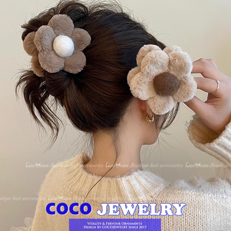 COCOJEWELRY Korean Plush Flower Hair Clip for Women Girl Cute Shark Clip