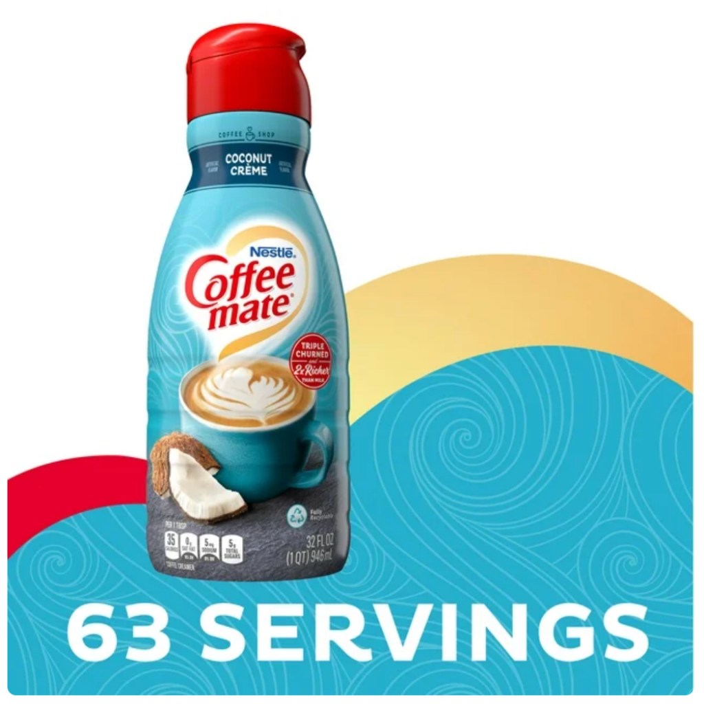 KEM SỮA DỪA Nestle Coffee Mate Coconut Creme Liquid Coffee Creamer, Gluten Free, Cholesterol Free, 946ml (32 oz) - Kem sữa đặc sánh gấp 2 và tạo bọt kem bông lên gấp 3 lần so với sữa thông thường - Pha kem sữa với lượng vừa đủ tùy khẩu vị, vào món thức u