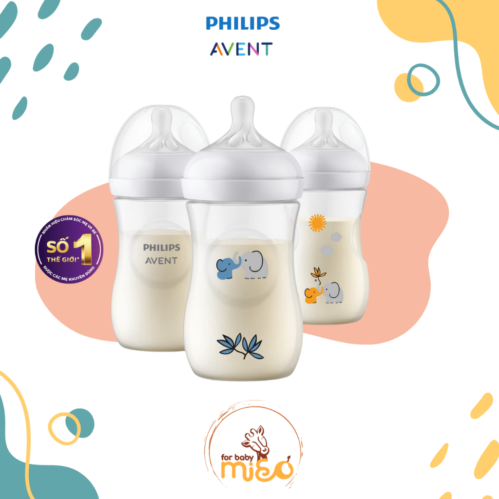 Philips Avent  Bình sữa Avent Natural 260ml hoạ tiết Voi Xanh
