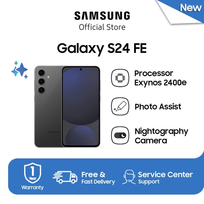 PROMO AGUSTUS Samsung Galaxy S24 FE [8/256] - [Blue, Graphite, Gray] Smartphone AI, AI Phone, Handphone AI, Kamera 50MP, Layar besar, RAM besar, Baterai tahan lama - Graphite. Harga 10,999,000 rupiah*Gratis Ongkir