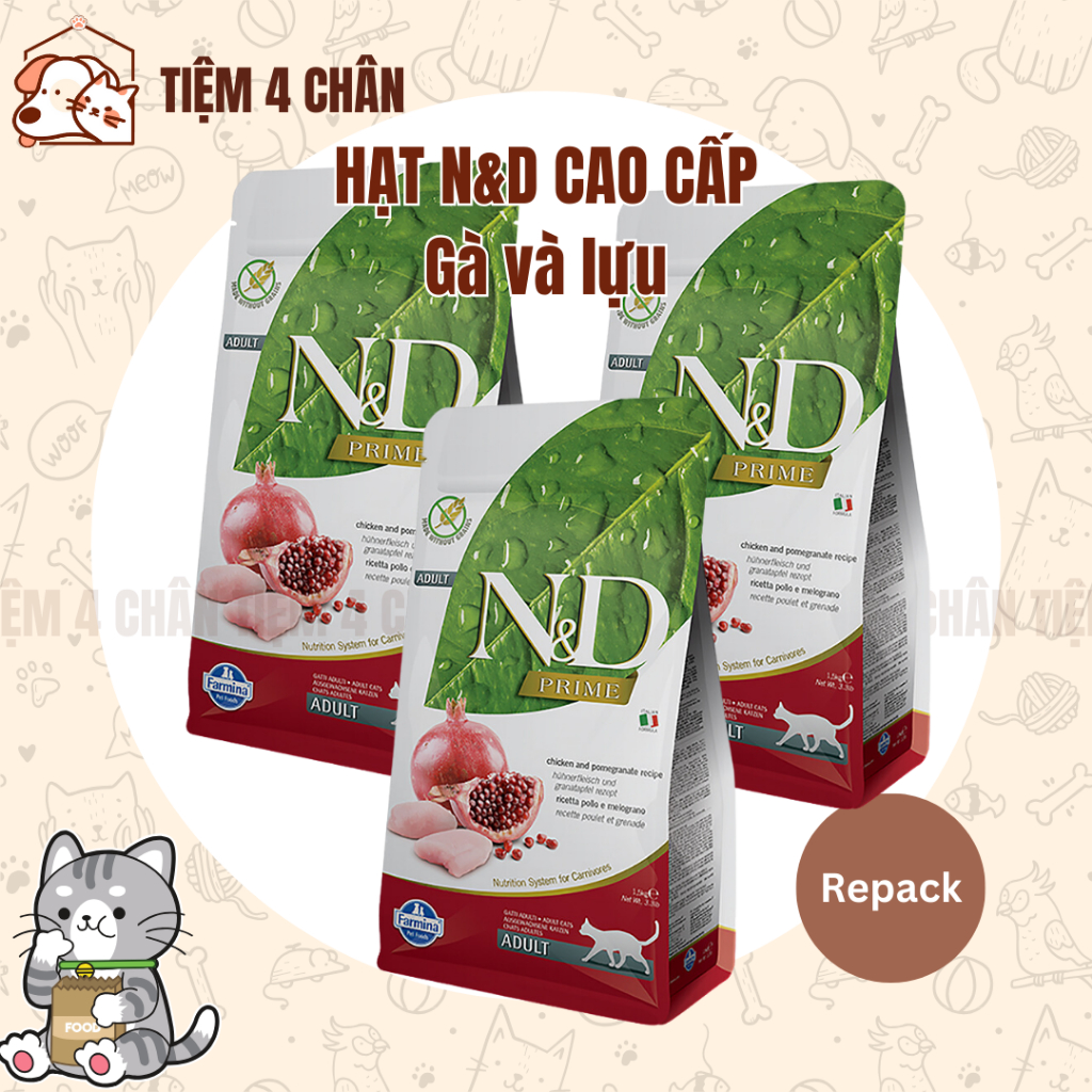 (500g Repack) Thức ăn khô Hạt N&D Prime Cho Mèo trưởng thành trên 12 tháng tuổi vị Gà & lựu đỏ - Farmina - Tiệm 4 chân