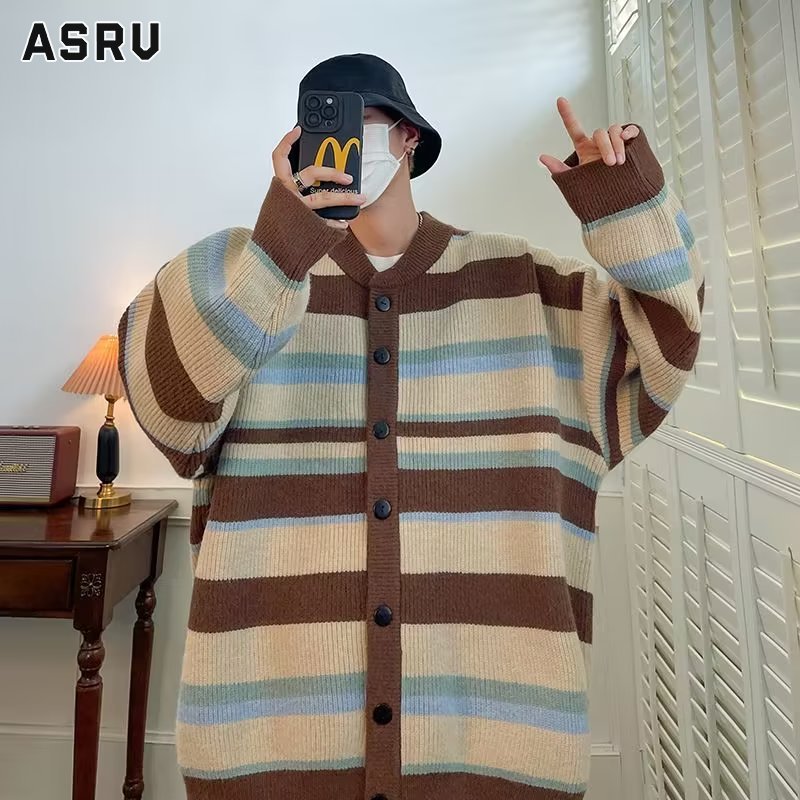 ASRV Men s retro design contrast striped knitted sweater Loose lazy casual