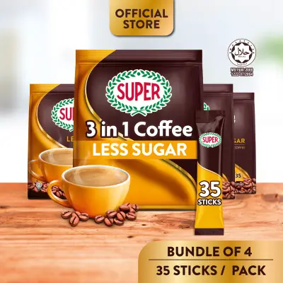 SUPER Less Sugar Instant 3in1 Coffee, 35 sticks (Bundle of 4)