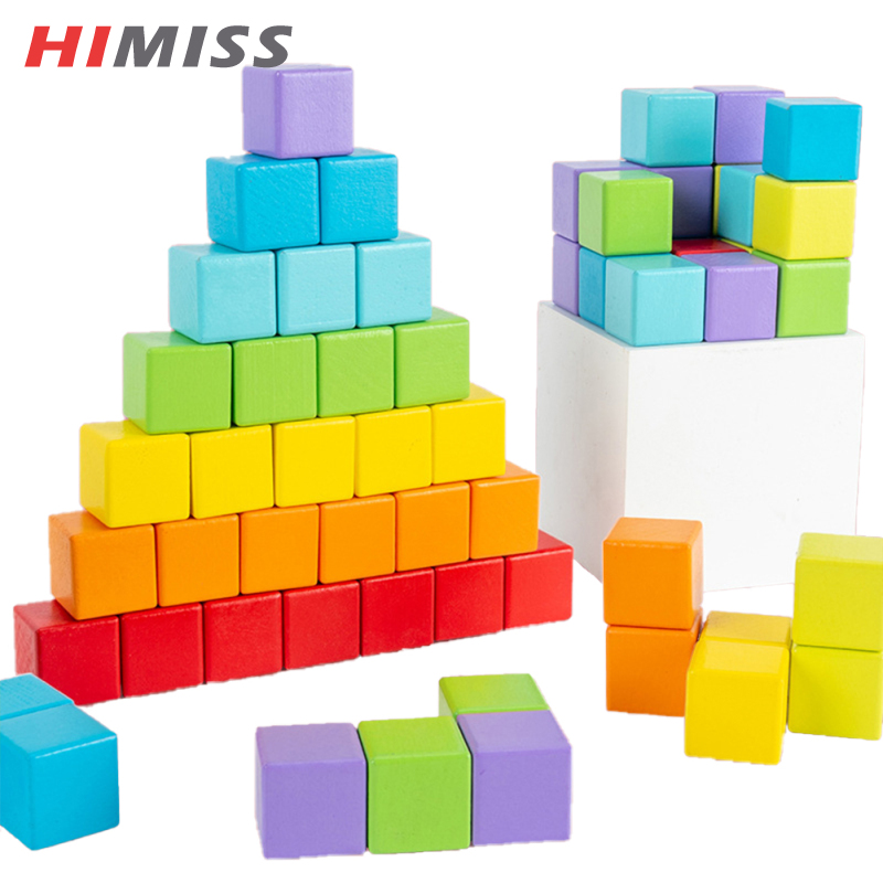 HIMISS 16 Pcs/64 Pcs Kids Wooden Cube Building Blocks Toy Colorful Square Wood Craft Cube Stacking Blocks For Boys Girls ราคา 211 บาท*ส่งฟรี