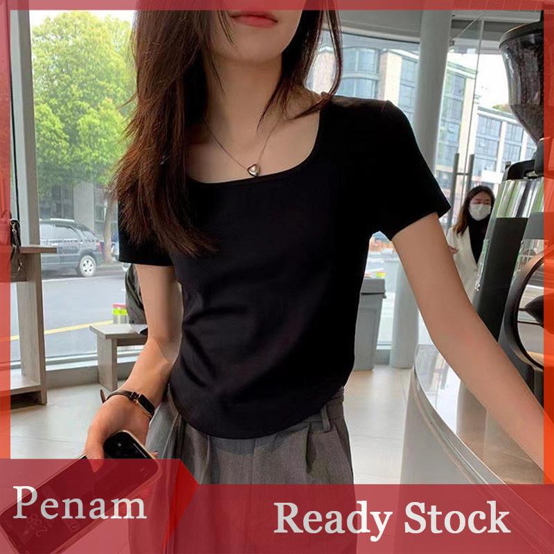 [PAM] Mùa Hè Phụ Nữ Màu Rắn Cổ Vuông Ngắn Tay Áo T-Shirt Thời Trang Không Thường Xuyên Crop Top