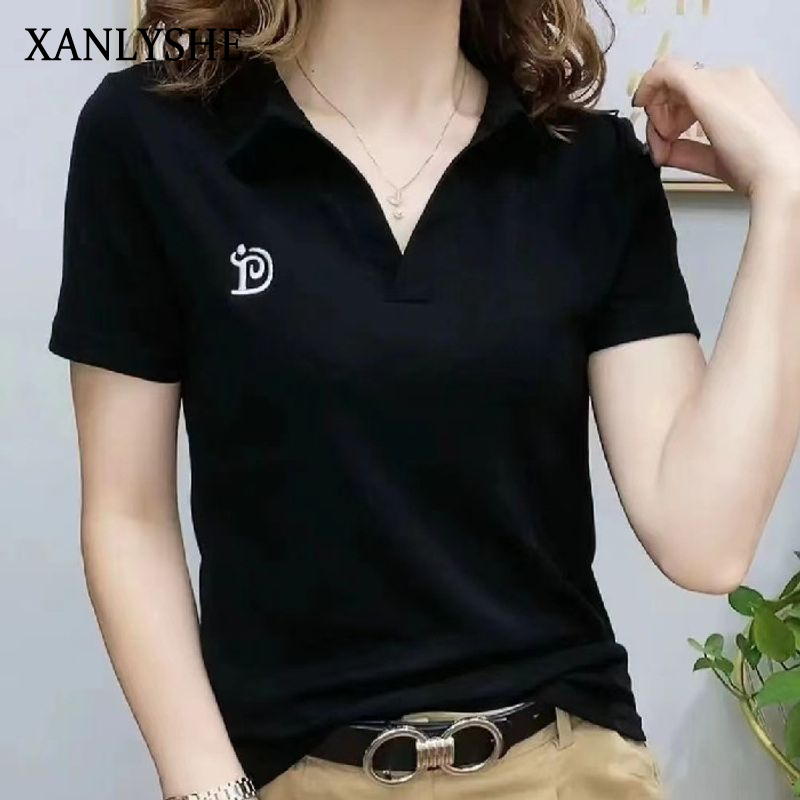 XANLYSHE เสื้อโปโลผู้หญิงแฟชั่นแขนสั้นคอวี ดีไซน์เรียบหรู เหมาะสำหรับใส่ในฤดูร้อนและออกนอกบ้าน ราคา 147 บาท*ส่งฟรี