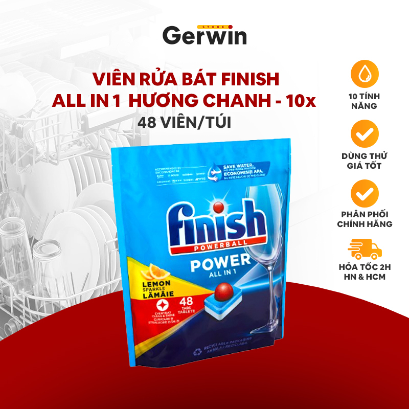 Viên rửa bát Finish All in 1 max hương chanh 10 tính năng- nhập khẩu EU, làm sạch vượt trội, an toàn cho sức khỏe
