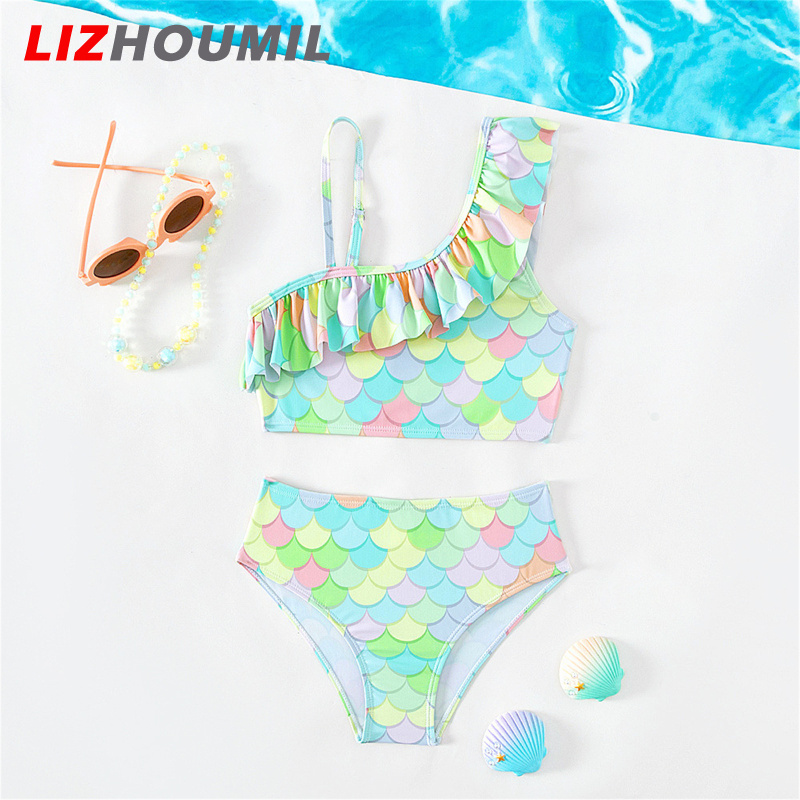 LIZHOUMIL Girls Swimwear Two Pieces Swimsuit Ruffle One Shoulder Scale Printing Sleeveless Bathing Suit Infant Baby Girl Bikini Swimsuit Set For Summer Beach ราคา 220 บาท*ส่งฟรี