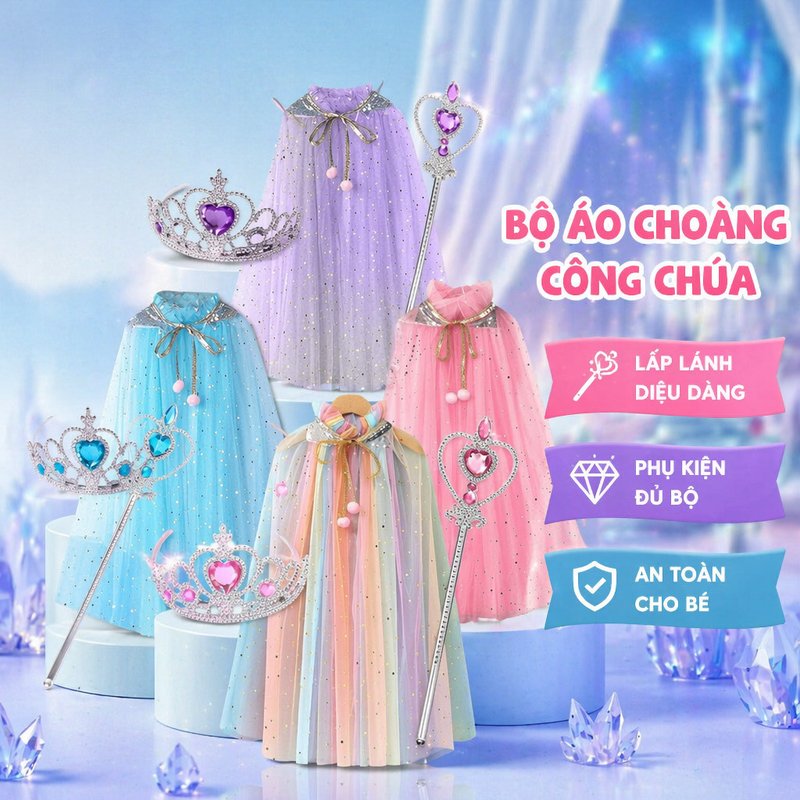 áo choàng elsa công chúa trẻ em vương miện gậy phép voan mềm lấp lánh hóa trang biểu diễn tiệc sinh nhật